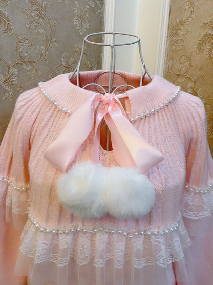 Sweetheart Princess Pearl Lace Furball Pink Knit Loose Sweater