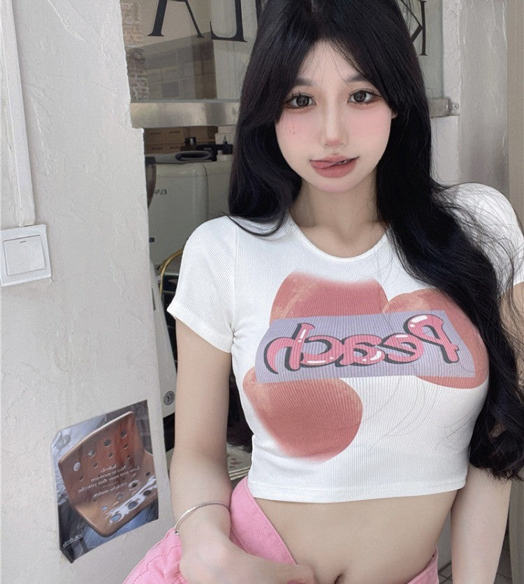 Sexy Girl White Pink Peaches High Waist T-shirt Top