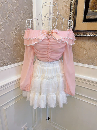 Sweetheart Princess Pink Ruffled Bow Off Shoulder Long Sleeve Shirt