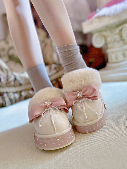 Pinky Coquette Luxury Pink Bow Velvet Snow Winter Plush Slippers Shoes