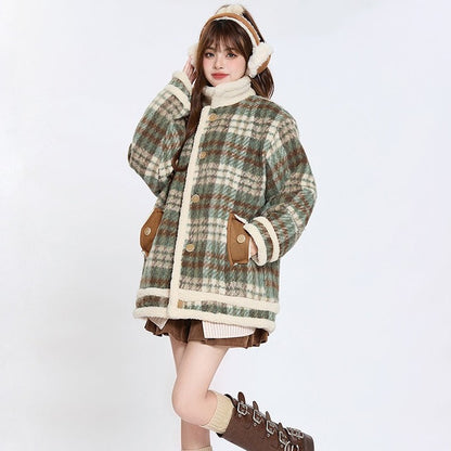 Retro Brown Green Plaid Fall Winter Woolen Cotton Jacket