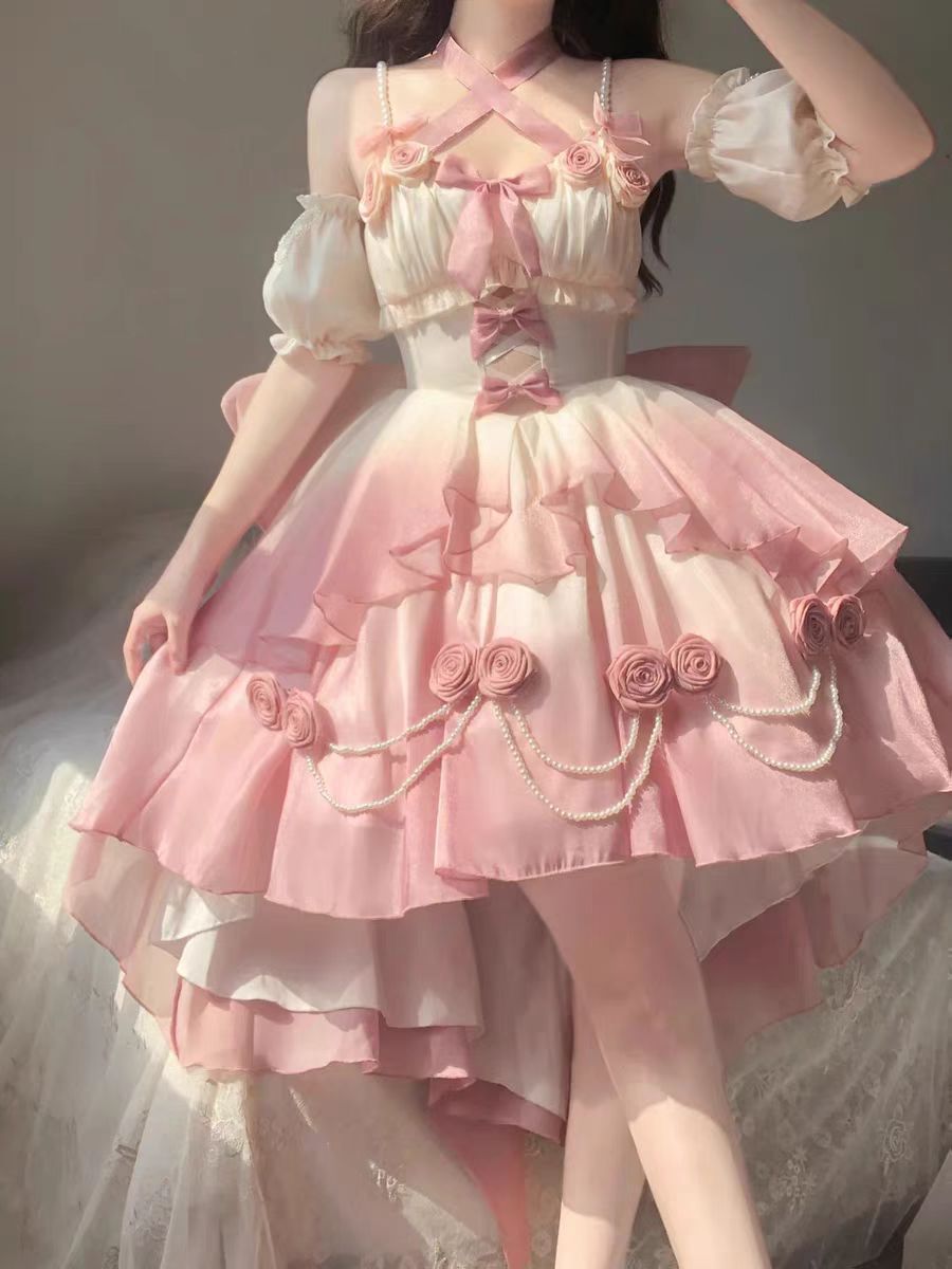 Elsa Lolita Love Goddess PInk Blue Gradient Rose Fairy Prom Dress