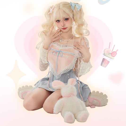 Serendipity Coquette Sheer Cardigan & Pink Heart Camisole & Blue Ribbon Mini Skirt Three Piece Set