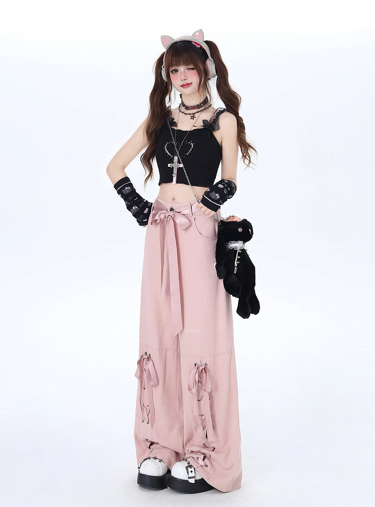 Crazy Girl Pink Mist Balletcore Bow Pink Wide Leg Jeans Pants