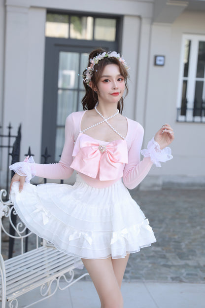 Sweetheart Princess Halter Neck Bow Pink White Black Knit Sweater Top