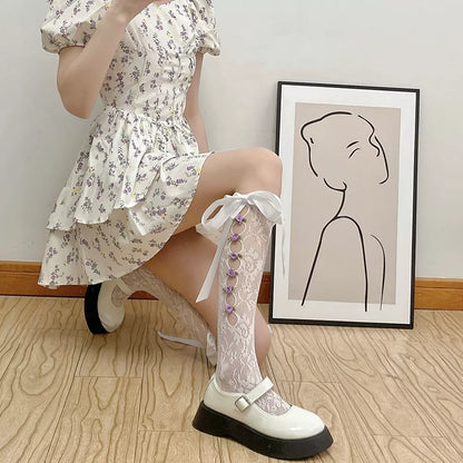 Silk Ribbon Bow Balletcore White Cream Black Purple Rose Lace Knee High Socks Stockings