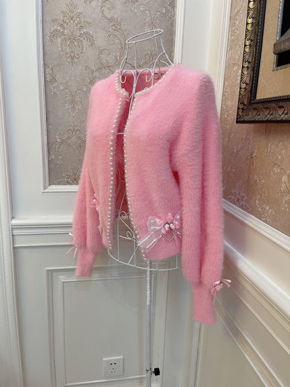 Sweetheart Princess Mohair Plush Pink Rose Lace Knit Sweater Cardigan