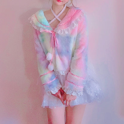 Candy Fairy Sweet Rainbow Gradient Sailor Collar Ruffled Winter Jacket