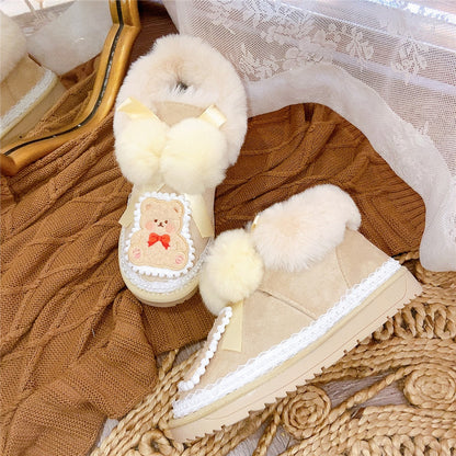 Pinky Lace Coquette Bear Plush Winter Snow Cream Short Boots Shoes