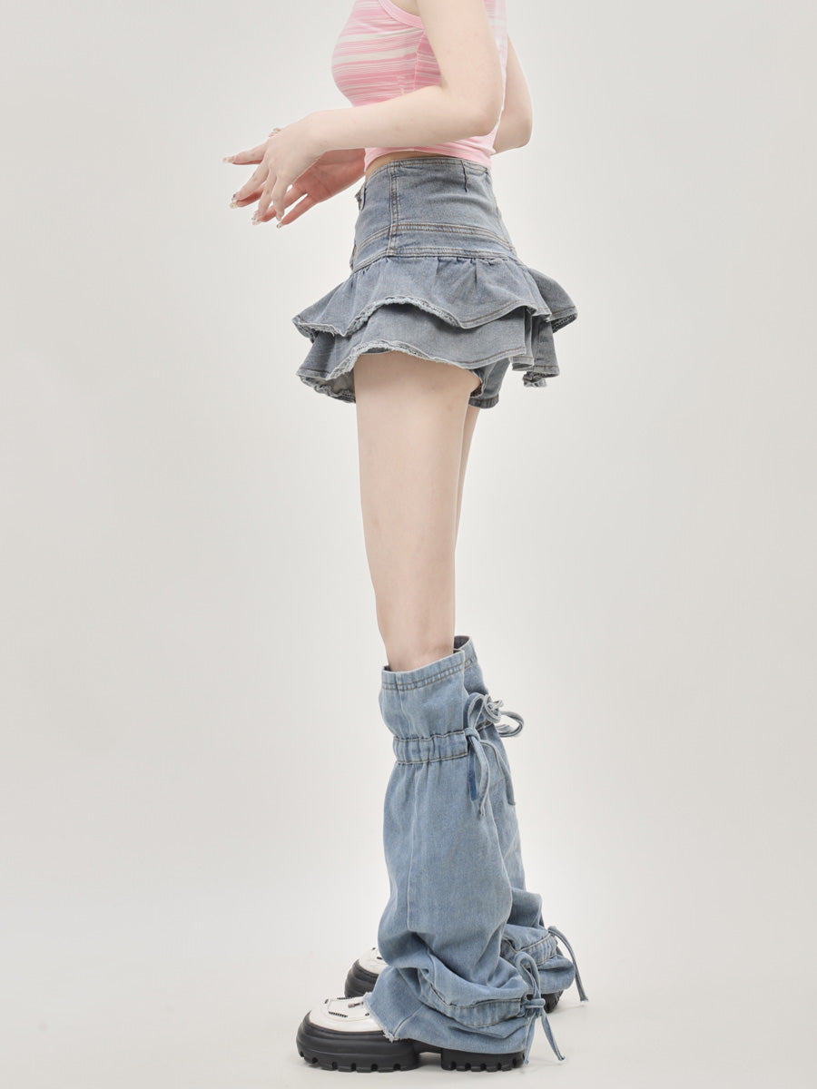 Y2K Jacquard Argyle Pink Blue Knit Cardigan & Denim Skirt & Leg warmers Three Piece Set