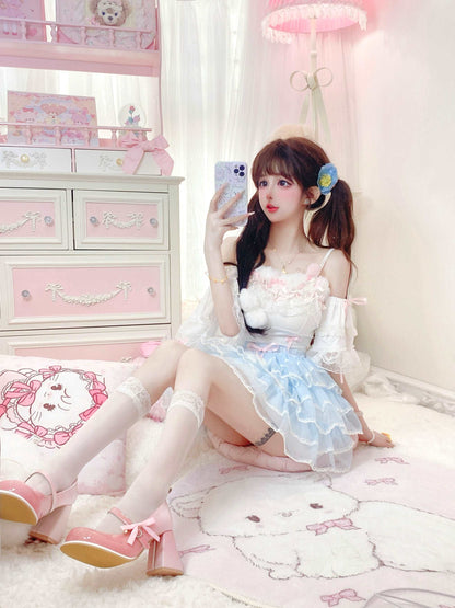 Candy Fairy Sweet White Camisole Top & Blue Ruffle Skirt Two Piece Set