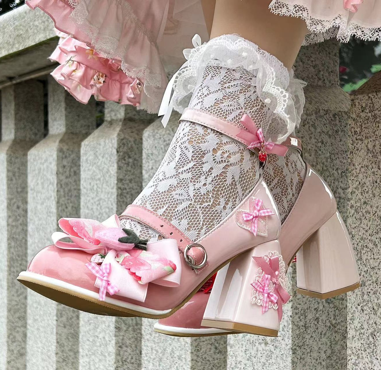 Strawberry Berry Lolita Pink Mary Jane High Heels Shoes