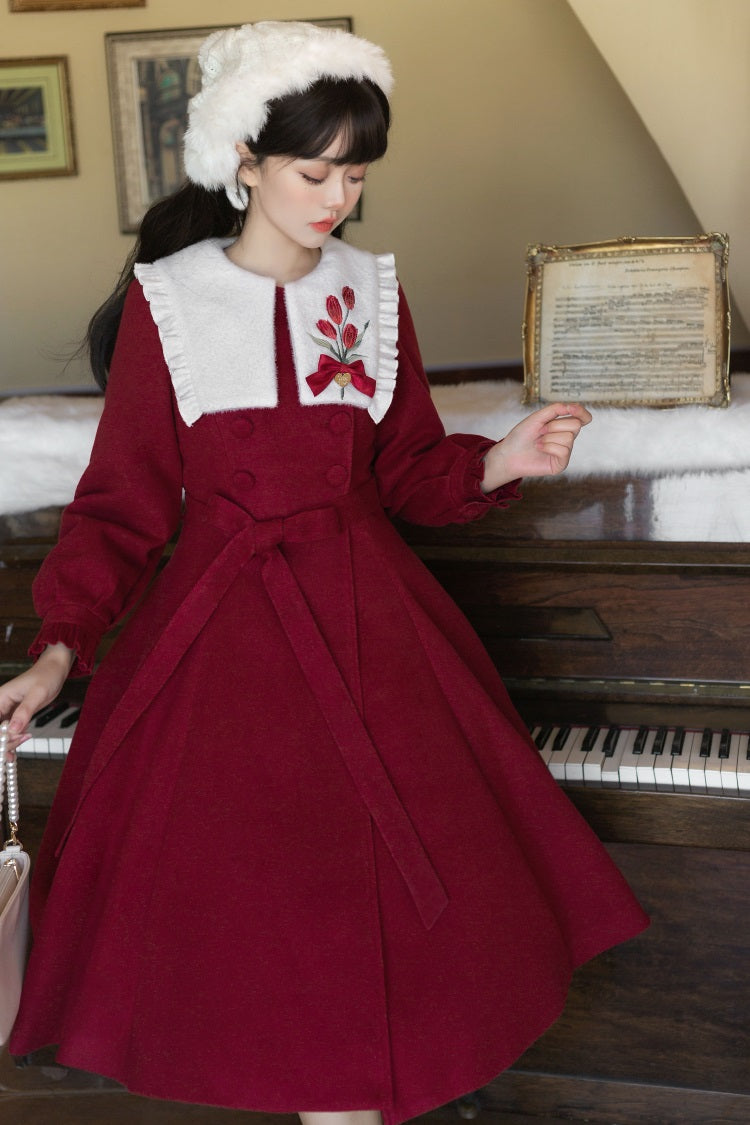 Unknown Star Tulip Woolen Lolita White Cream Crimson Red Winter Coat Dress