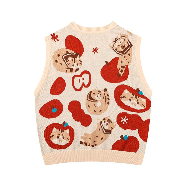 Cute Sailor Cat Apple Knit V Neck Cream Vest