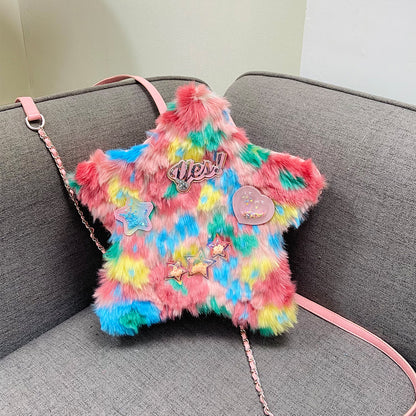 Y2K Star Rainbow Plush Fur Shoulder Backpack Bag