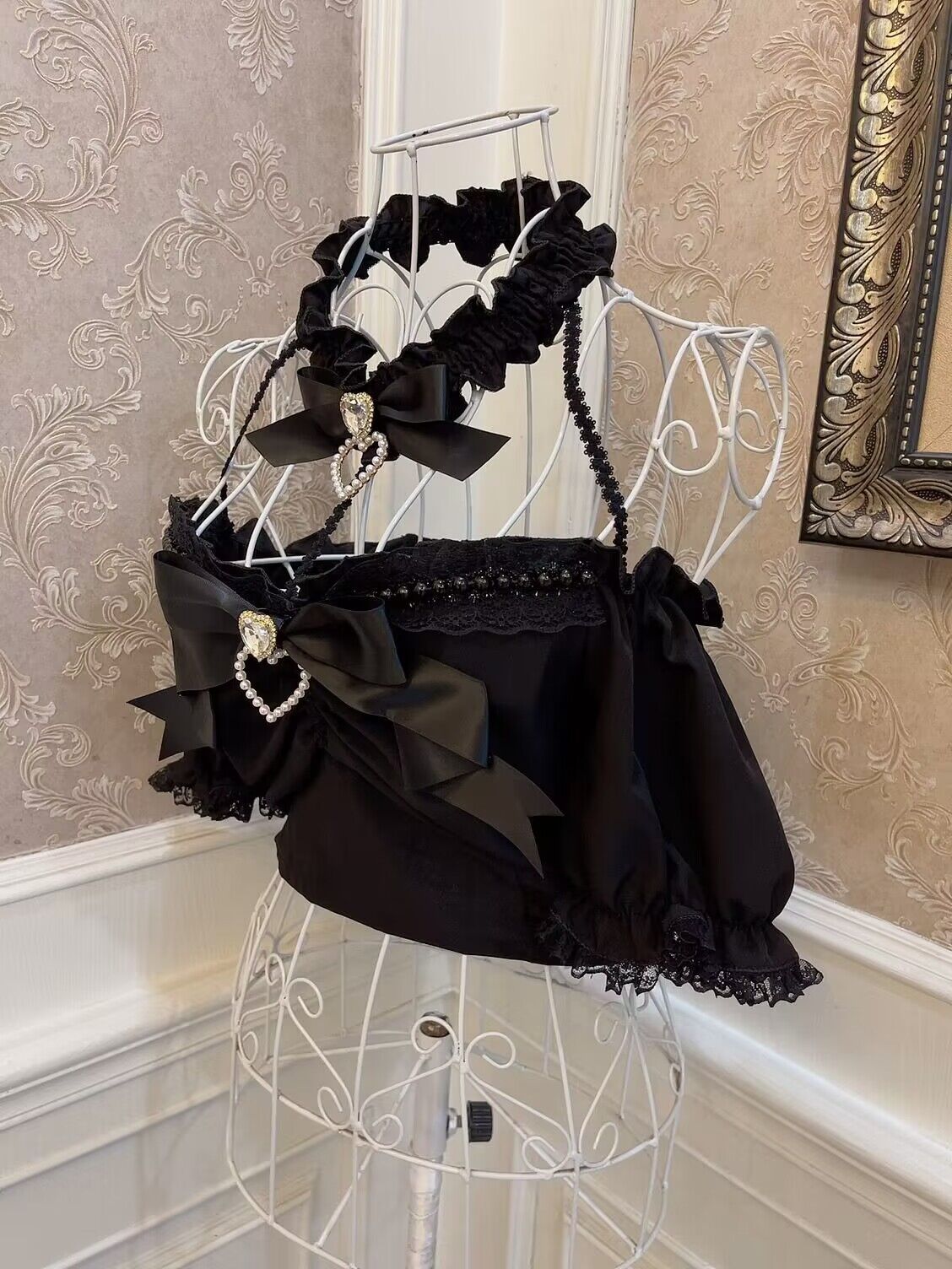 Sweetheart Princess Black & White Brooch Bow Halter Neck Shirt Top