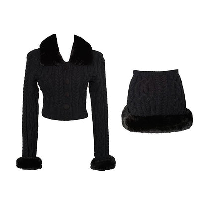 Winter Chic Black & White Knit Fur Collar Jacket Sweater Skirt Two Piece Set