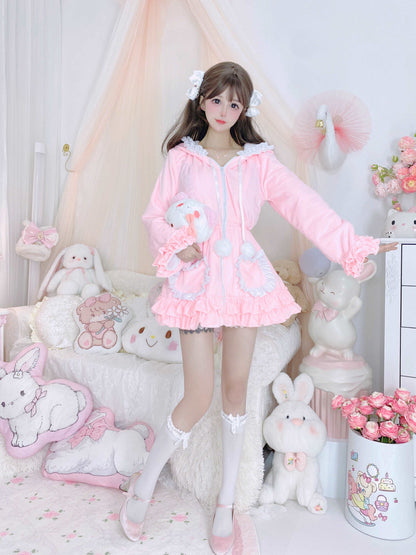 Candy Fairy Velvet Plush Pink Lace Ruffled Long Sleeve Zipped Up Dress