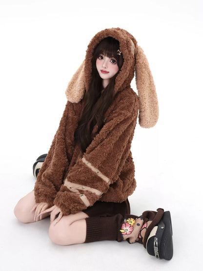 Crazy Girl Patchwork Brown Pink Rabbit Ears Jacket Hoodie