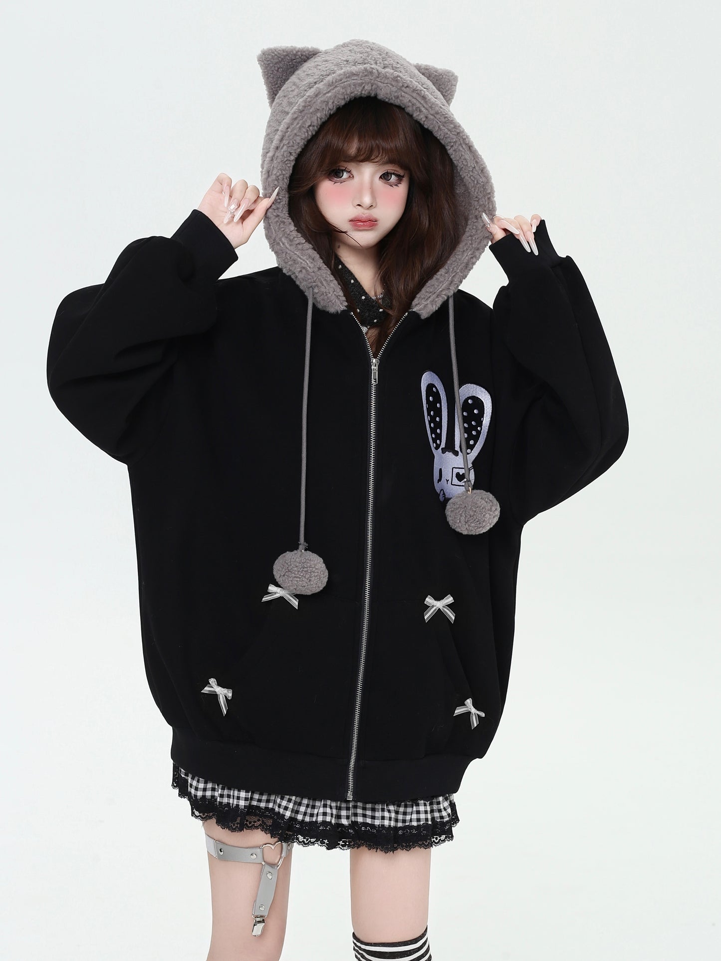 Crazy Girl Cheese Bunny Cat Ears Pink Black Jacket Hoodie