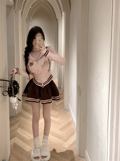 College Girl Sporty Pink Zip Up Sweatshirt Top & Brown Mini Skirt Two Piece Set