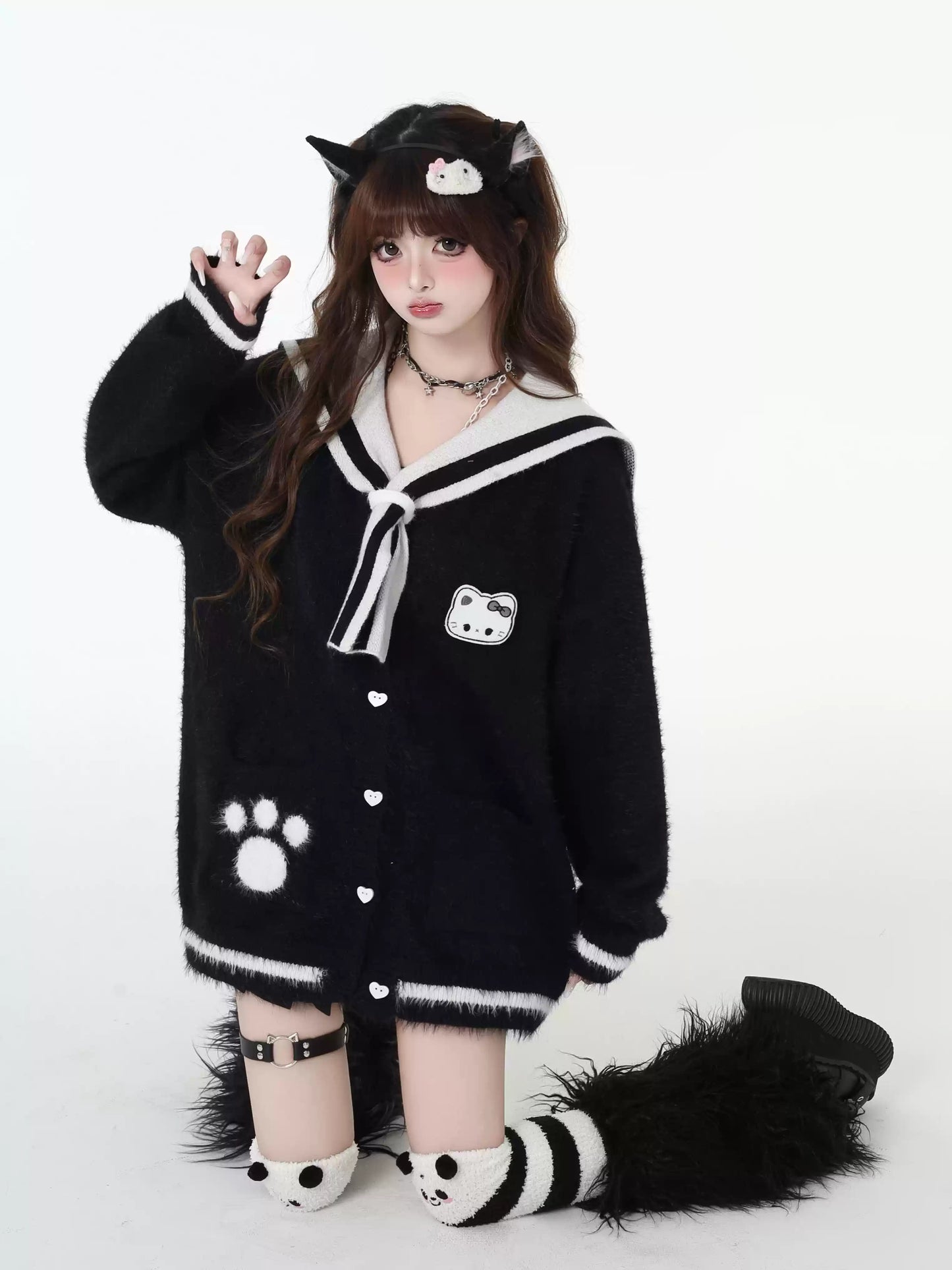 Crazy Girl Cat Diary Pink Black Knit Sweater Cardigan