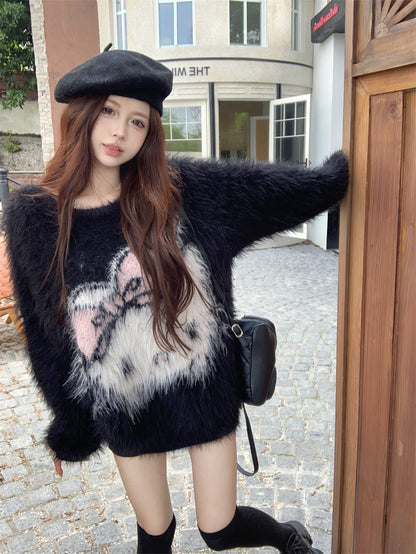 Kitty Cartoon Faux Fluffy Autumn Winter Black Pink Pullover Sweater