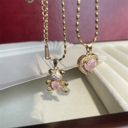 Pink Crystal Diamond Gold Heart Bear Necklace Pendant Set