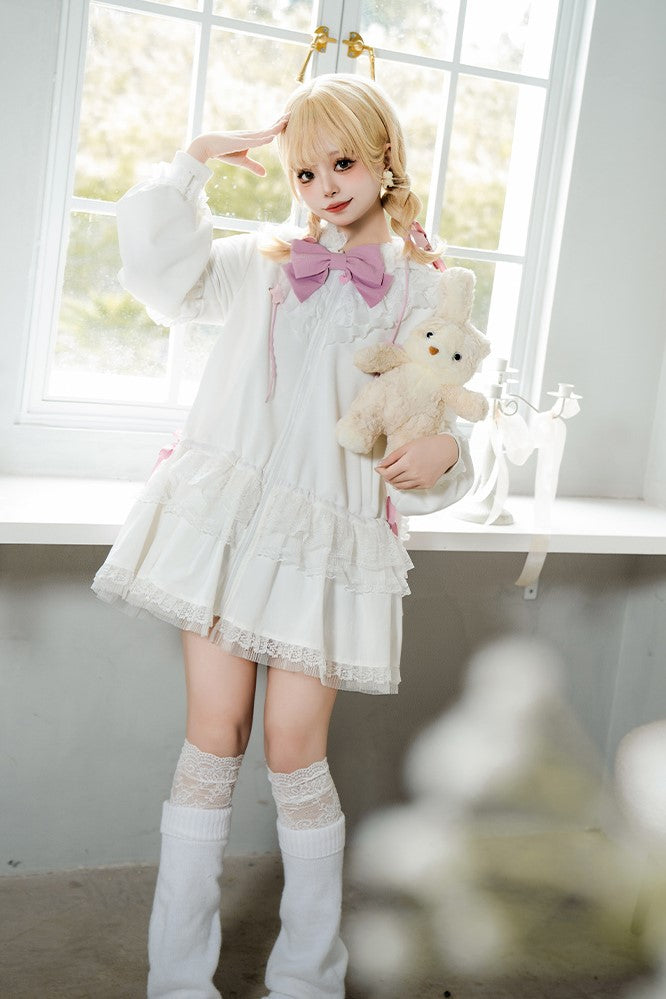 Universal Lolita Daydream Sweet Pink White Rabbit Ear Lolita Hooded Coat Dress