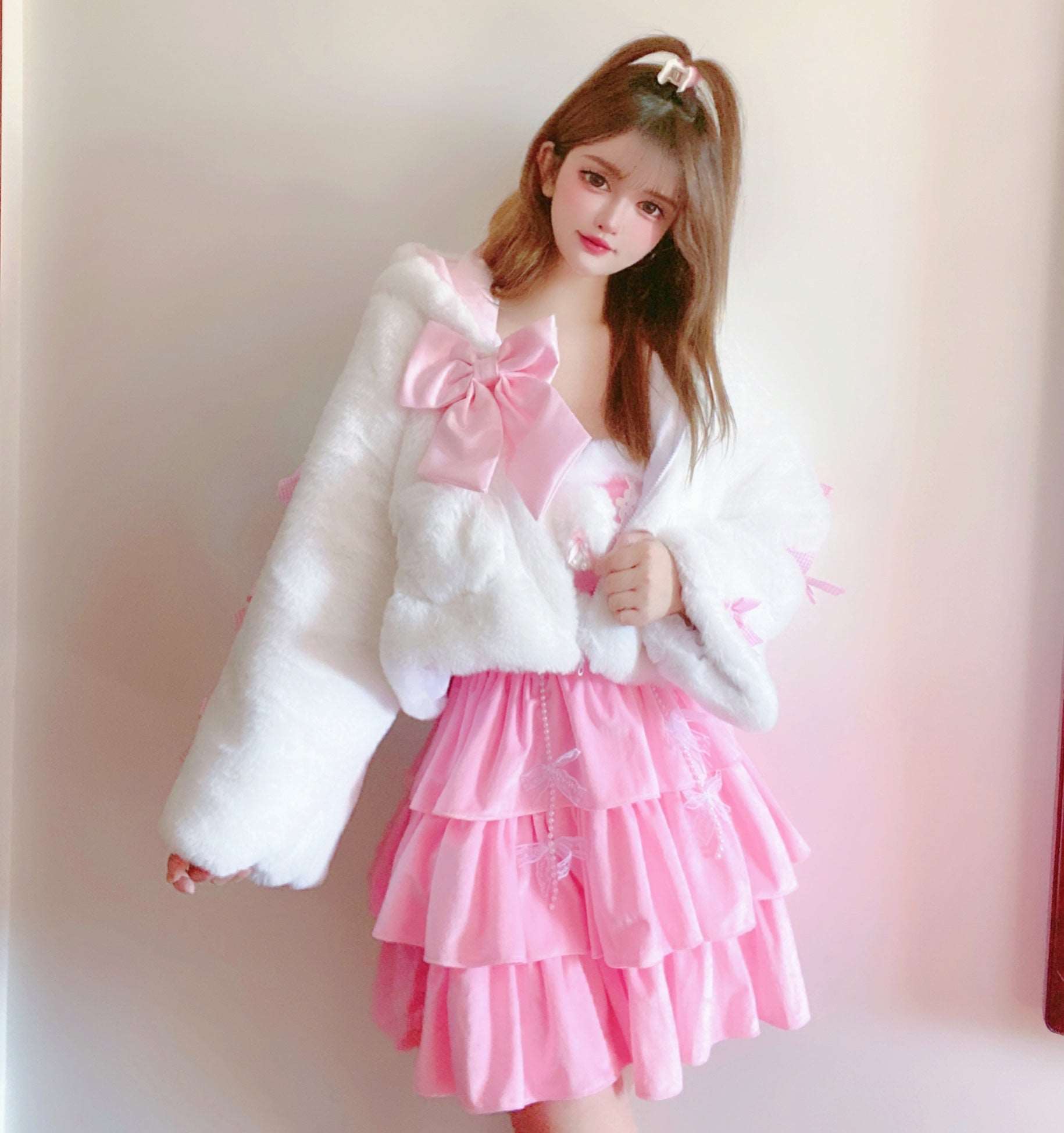 Candy Fairy Cute Pink Bow Snow White Plush Thick Winter Hooded Jacket