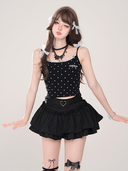 Young Eyes Ace Devil Polka Dot Black White Lace Camisole Top