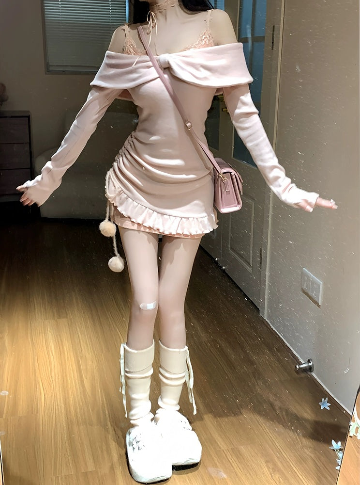 Creamy Sweet Wild Cat Black Pink Sweater Top & Dress Two Piece Set