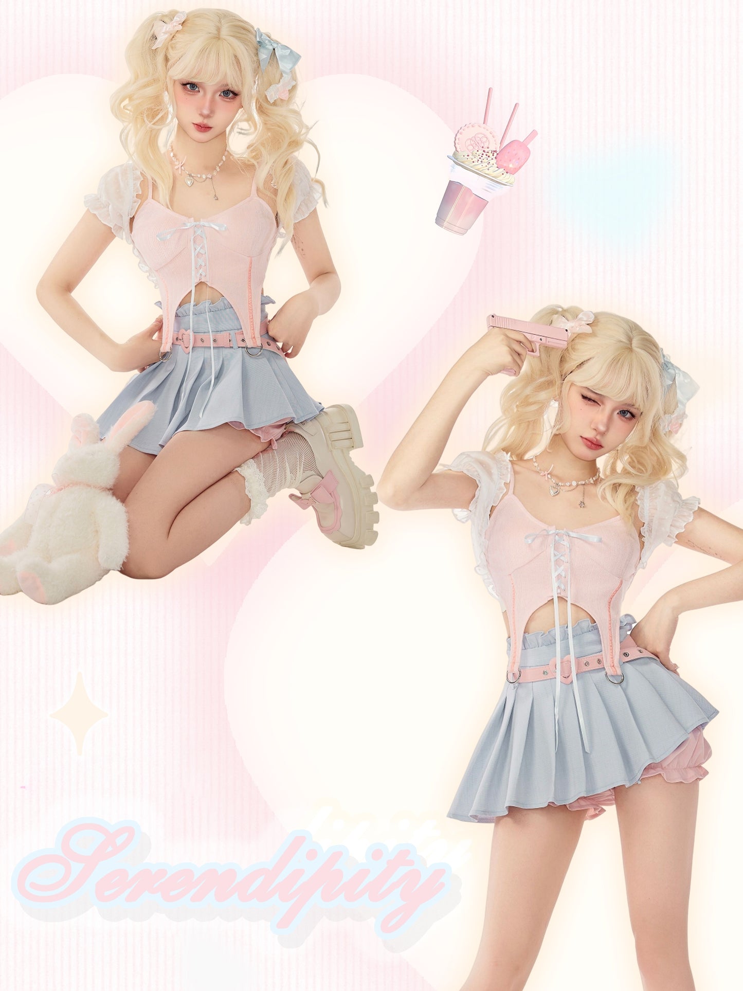 Serendipity Coquette White Sheer Little Cardigan & Pink Sexy Strap Camisole & Blue Pleated Mini Skirt Three Piece Set