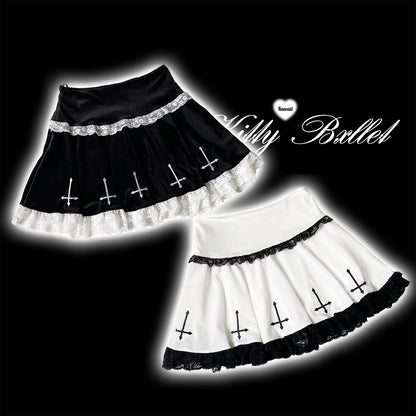 Kitten Bullet Jirai Kei Holy Cross Black White Velvet Skirt