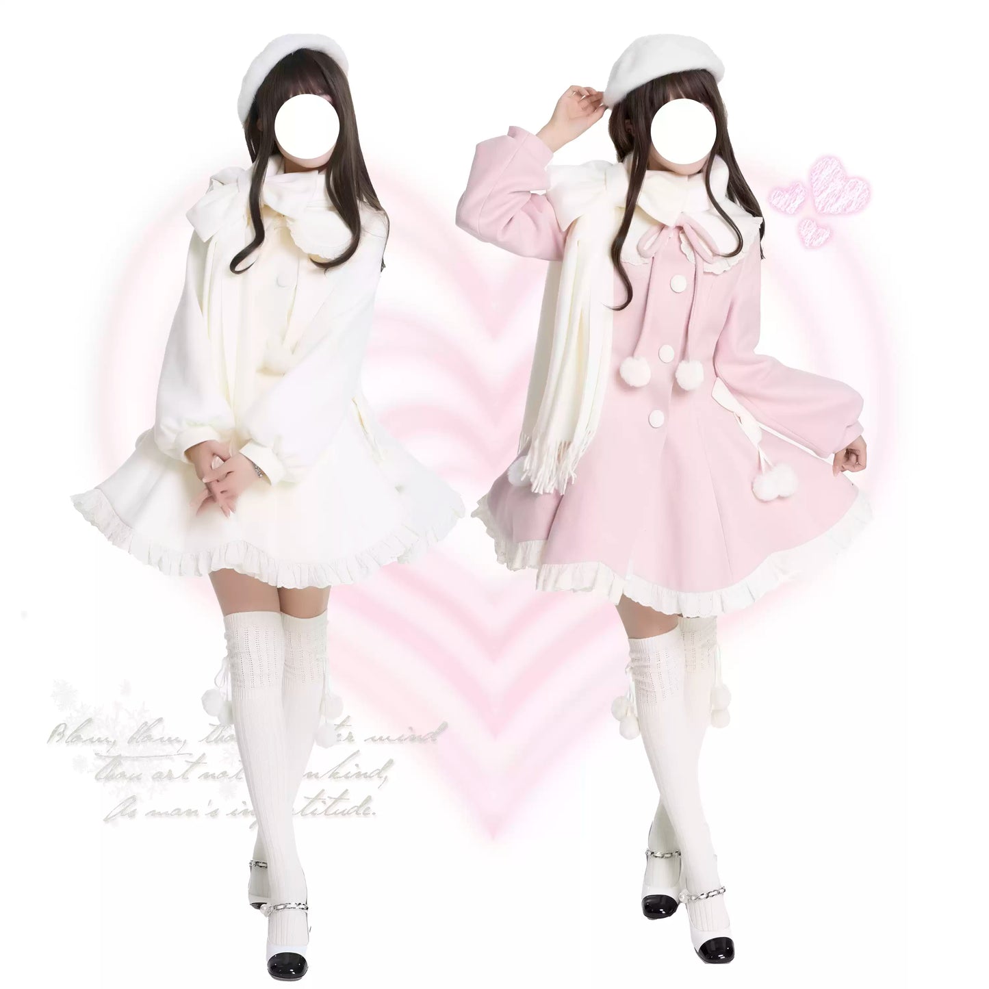 Platycodon Winter Sonata Pink White Wool Coat Scarf Two Piece Set