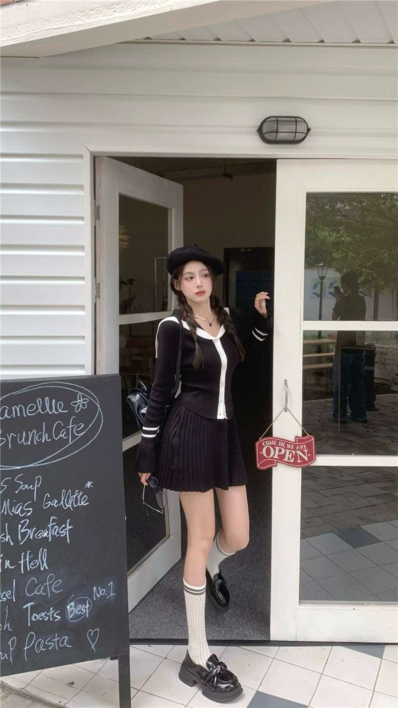 Academia Chic Autumn Cute Black Long Sleeve Knit Cardigan Top & Pleated Mini Skirt Two Piece Set