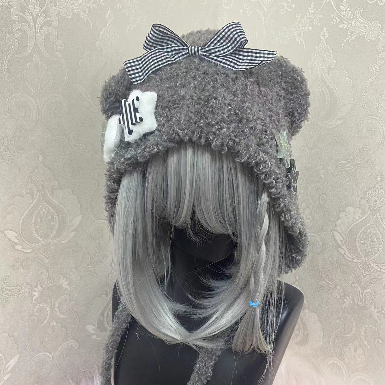 Y2K Lolita Handmade Knit Star Bow Bear Ears Cute Winter Hats Beanie