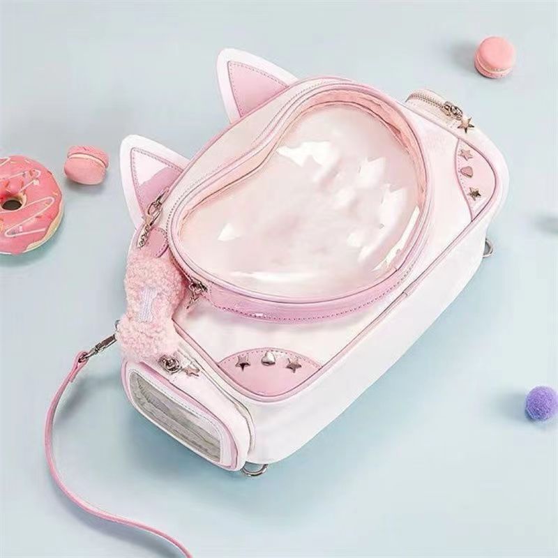 Y2K Kitten Cat Ears Star Silver Leather Messenger Bag Backpack