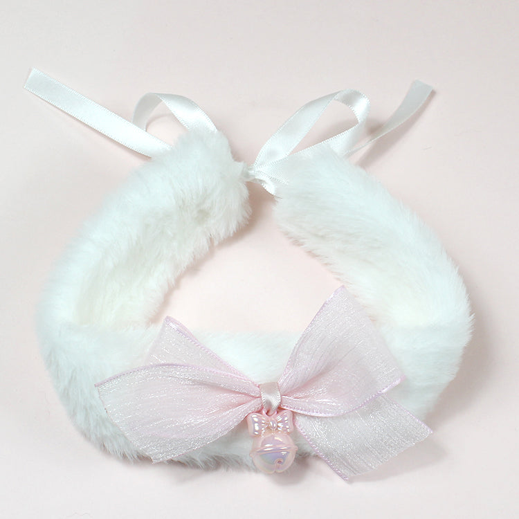 Lolita EGL White Plush Pink Bow Cat Neko Bell Collar Necklaces Choker