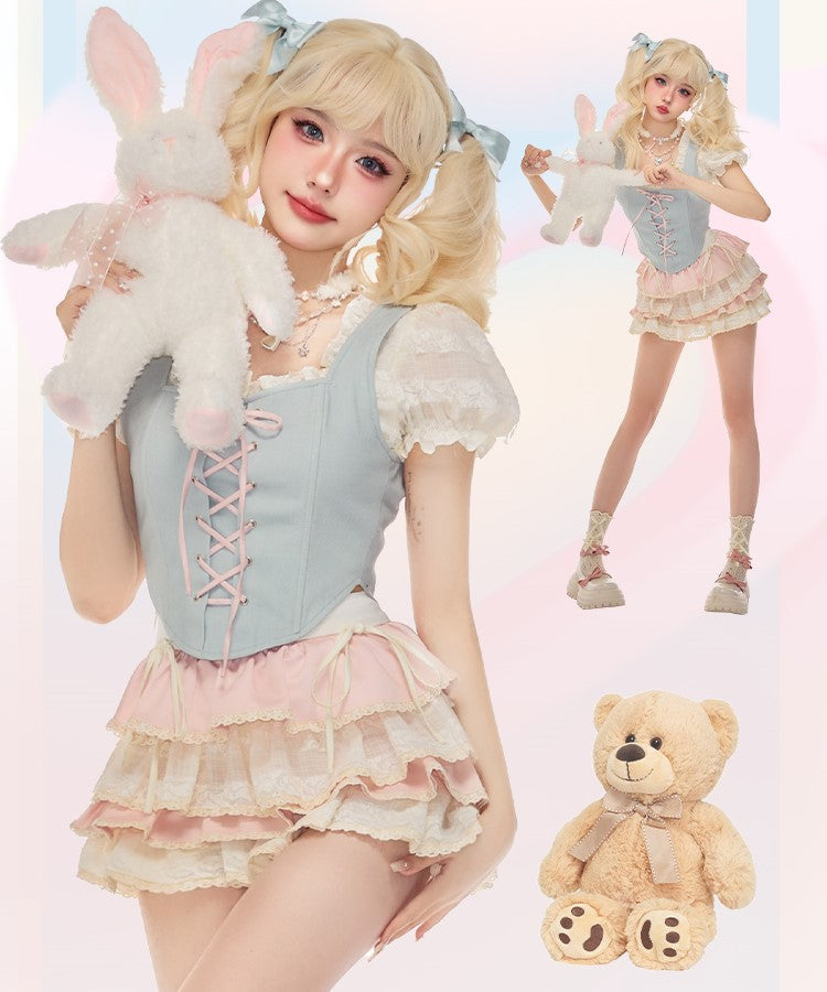 Serendipity Coquette Balletcore Ribbon White Lace Puff Sleeve Shirt & Blue Vest & Pink Mini Short Skirt Three Piece Set