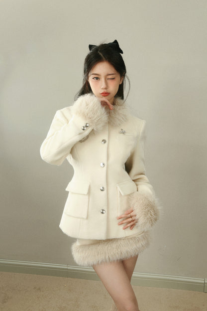 Monet Elegant Chic Winter White Fur Woolen Jacket & Skirt Two Piece Set