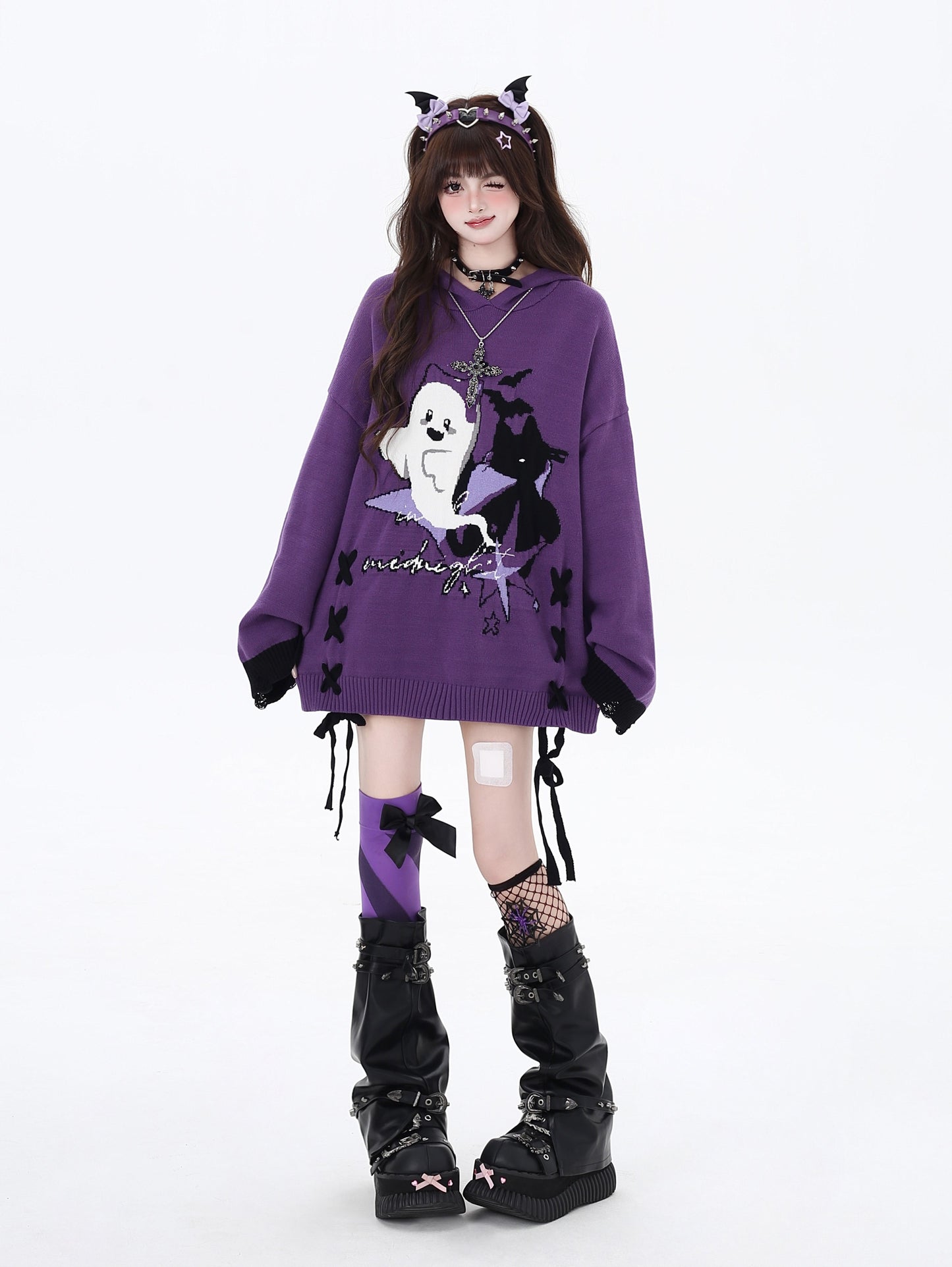 Crazy Girl Halloween Little Ghost Purple Black Knit Sweater