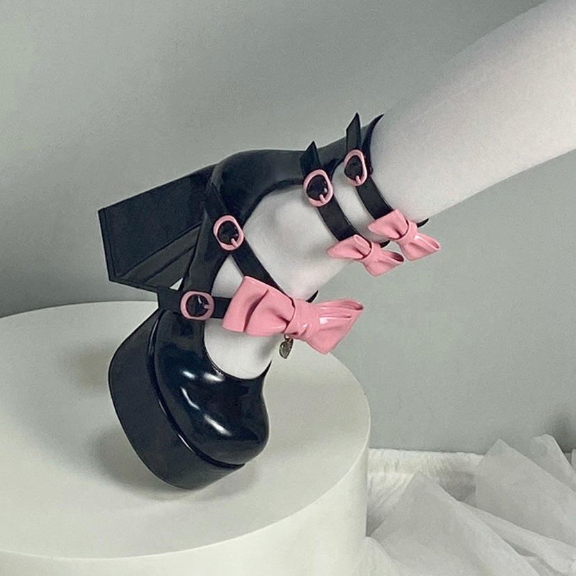 Pocket Cat Lolita Black Pink White Bow High Heels Shoes