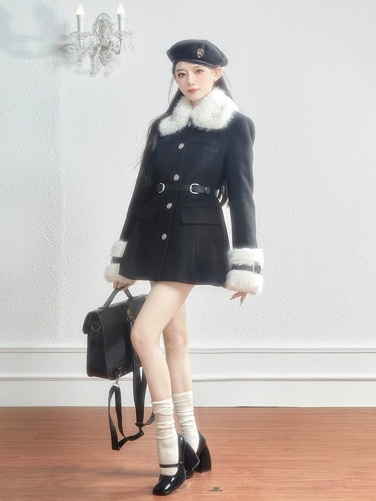 Monet Winter Love Song White Fur Collar Black Short Coat Dress