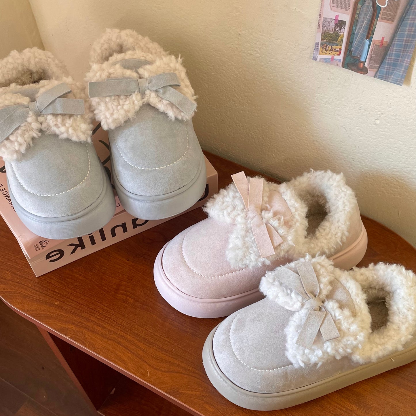 Cute Winter Plush Cotton Bow Pink Blue Khaki Slippers Shoes