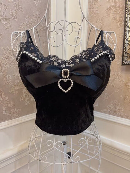 Sweetheart Princess Pearl Lace Velvet Black White Camisole Top