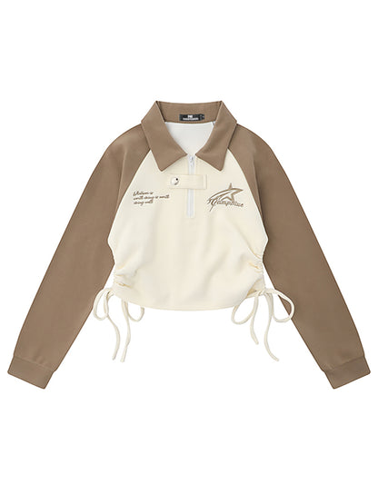 Serendipity Y2K Brown Drawstring Half Zip Up Polo Shirt Crop Top Sweatshirt