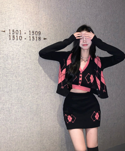 Knit Punk Black Pink Diamond Pattern Tank Tops Cardigan Skirt Three Piece Set