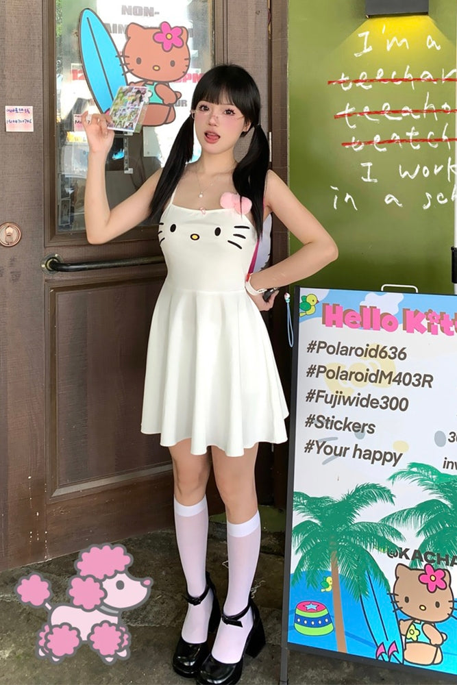 Cute Tasty Kitty Cat White Suspender Dress