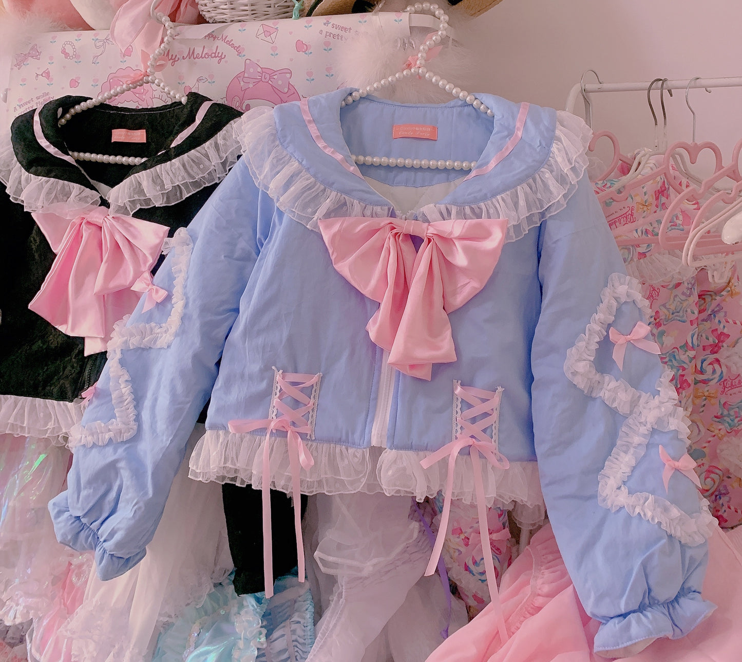 Candy Fairy Sailor Collar Ruffled Blue Pink Black Bow Winter Jacket